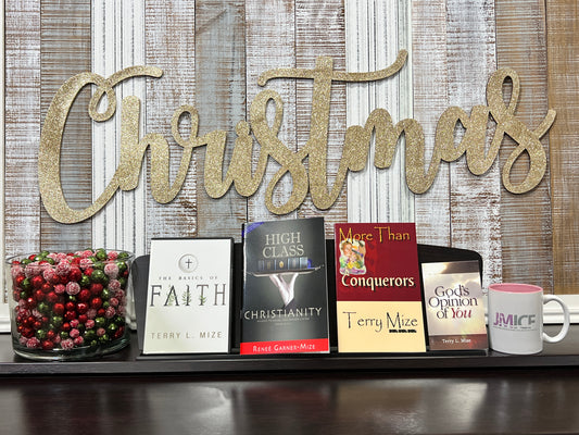“POWER PACK” CHRISTMAS EDITION - Includes Basics of Faith 4Disc CD Series, High Class Christianity Book, God’s opinion of You Mini-Book…FREE More Than Conquerors Book and FREE JMICF Mug